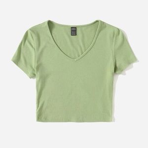 Green V Neck Rib Knit Tee